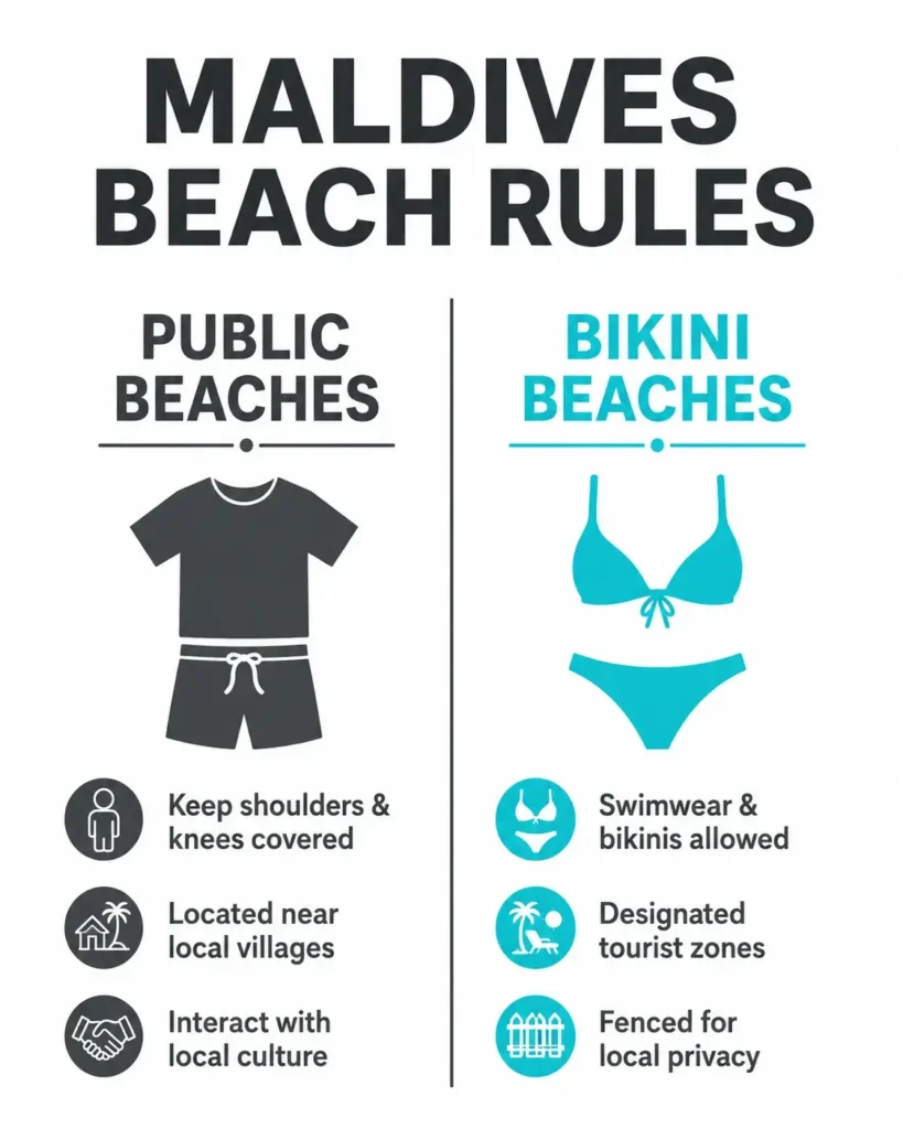 A minimalist vector infographic comparing local Maldivian public beach rules with tourist bikini beach regulations, highlighting dress codes and cultural expectations.