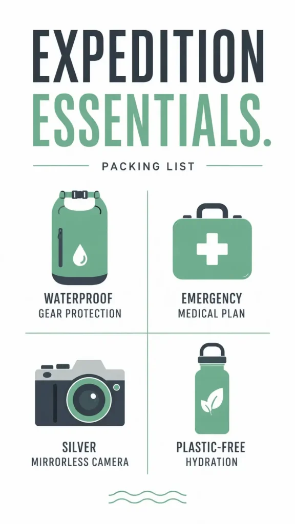 A vertical infographic listing essential packing items for a Mergui Archipelago boat expedition, including a dry bag, medical plan, and mirrorless camera.
