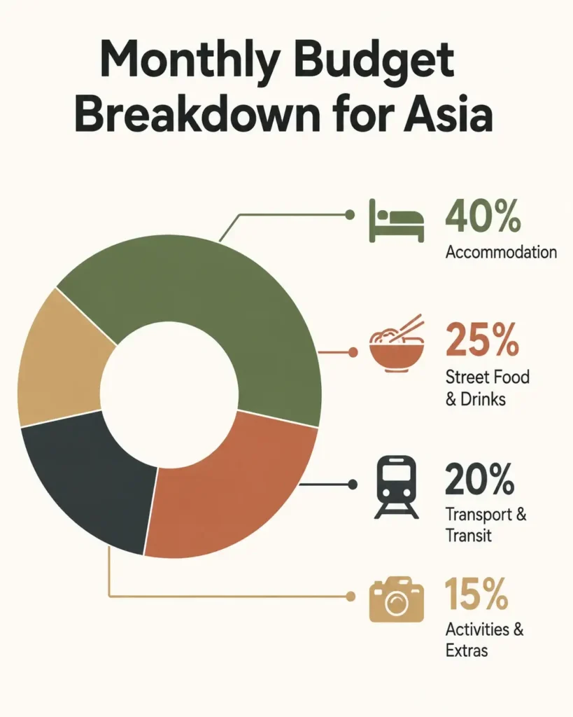 A flat vector infographic chart displaying the monthly budget breakdown for a long-term trip across Asia, showing costs split between accommodation, food, transport, and activities.