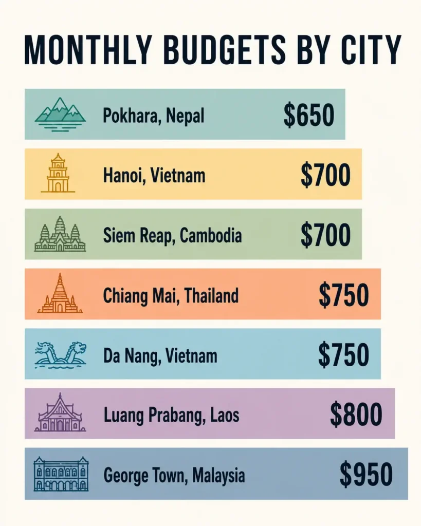 A minimalist flat vector bar chart infographic comparing the average monthly slow travel budgets for seven cities in Asia, showing Pokhara as the lowest at 650 dollars and George Town as the highest at 950 dollars.
