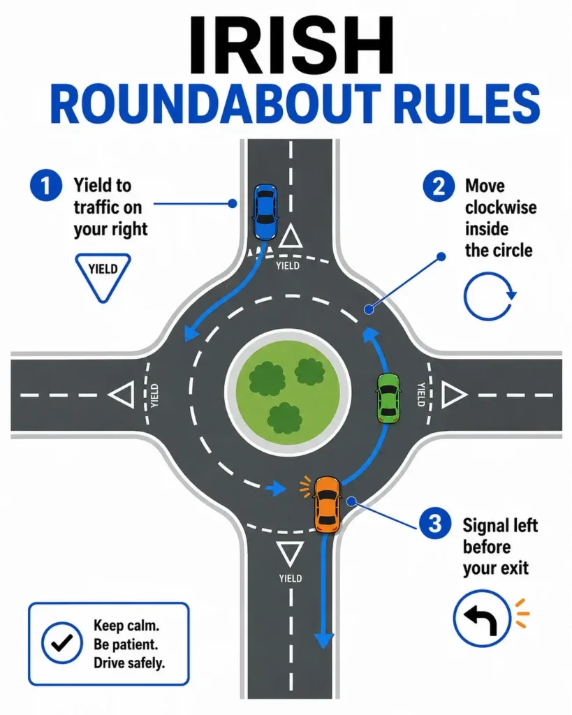 A step-by-step flat vector infographic diagram illustrating how to safely enter, yield, and exit a standard roundabout while driving on the left side of the road in Ireland.
