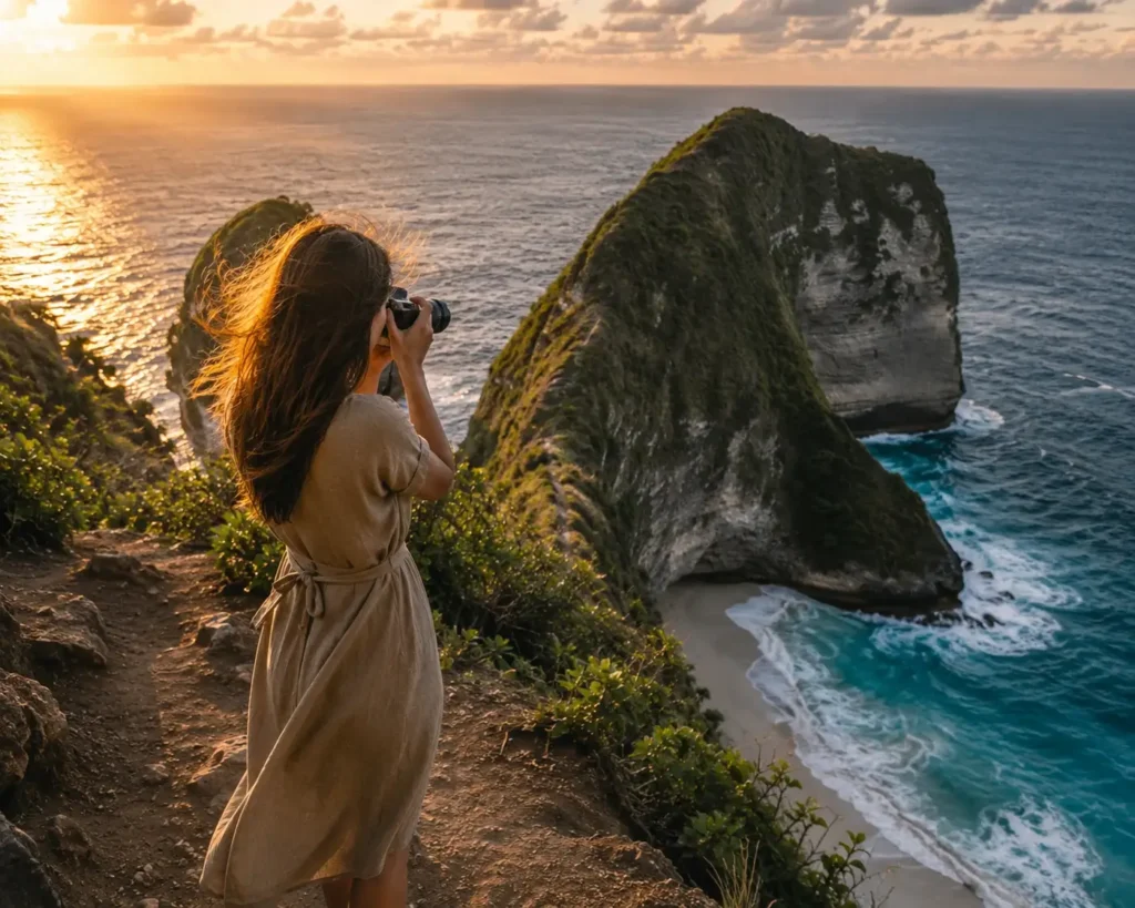 Solo traveler photographing the famous T-Rex shaped cliff and turquoise waves at Kelingking Beach on Nusa Penida island, Bali.