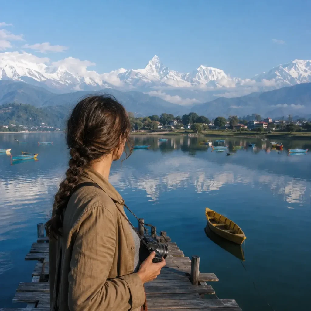 Candid photo of a 20-something female traveler with brown hair looking out over the glassy water of Phewa Lake in Pokhara, Nepal, with the massive snow-capped Annapurna mountain peaks reflecting in the distance.