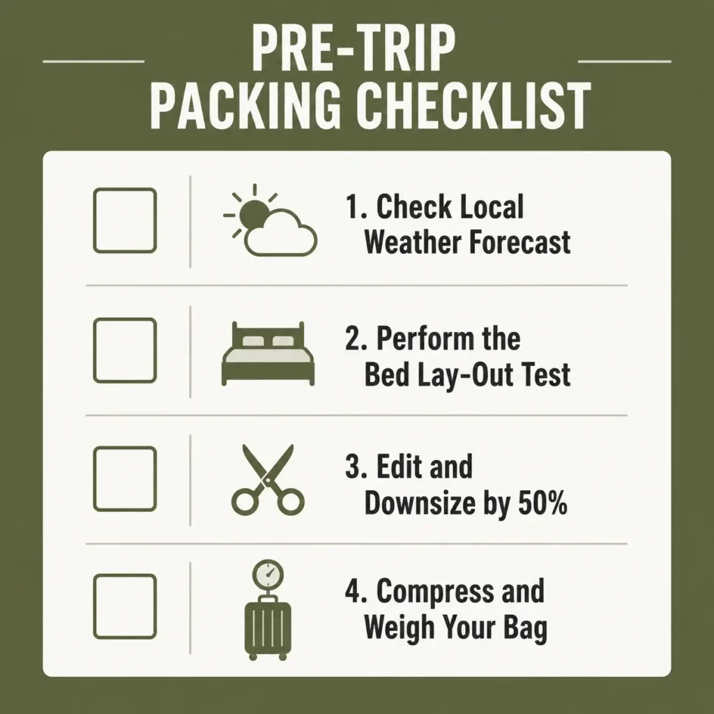 A square vector infographic checklist for a pre-trip packing routine, detailing steps from checking weather forecasts to weighing the final carry-on bag.