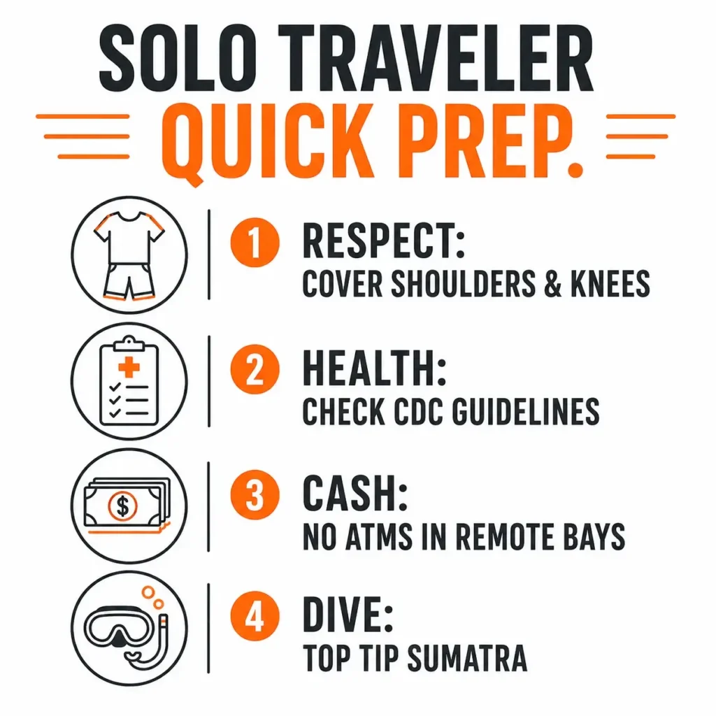 A travel preparation checklist for Pulau Weh, Indonesia, highlighting cultural etiquette, health checks, and cash requirements.