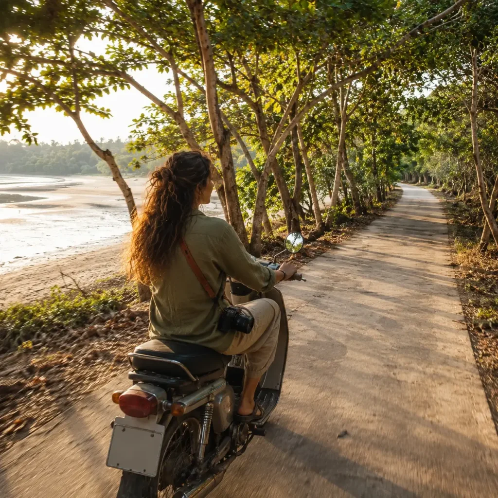 Solo traveler Emma Collins riding a scooter along a narrow jungle path near Buffalo Bay on the car-free island of Koh Phayam, Thailand.
