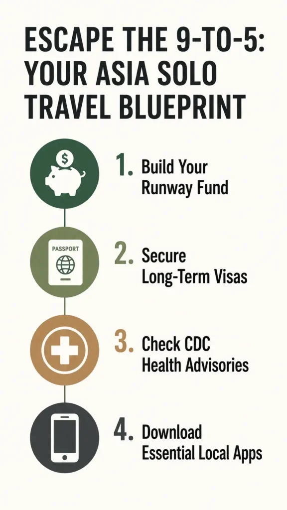 A minimalist vertical infographic checklist titled Escape the 9-to-5: Your Asia Solo Travel Blueprint, outlining four steps to prepare for long-term solo travel in Asia.