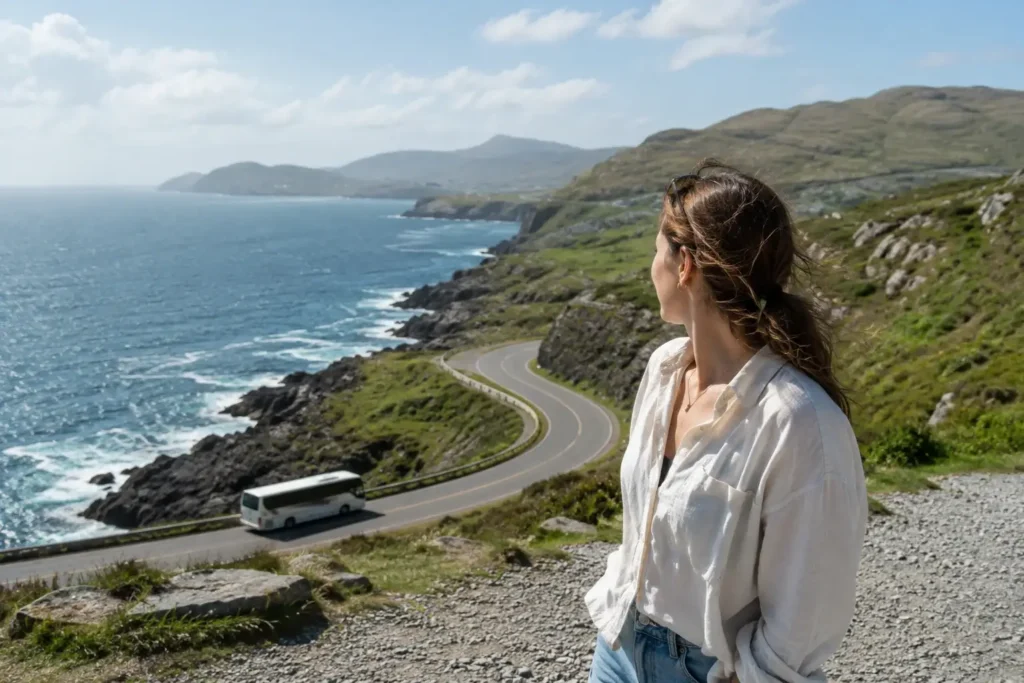 Solo female traveler stands next to a scenic coastal overlook on the Ring of Kerry road trip loop in County Kerry, Ireland.