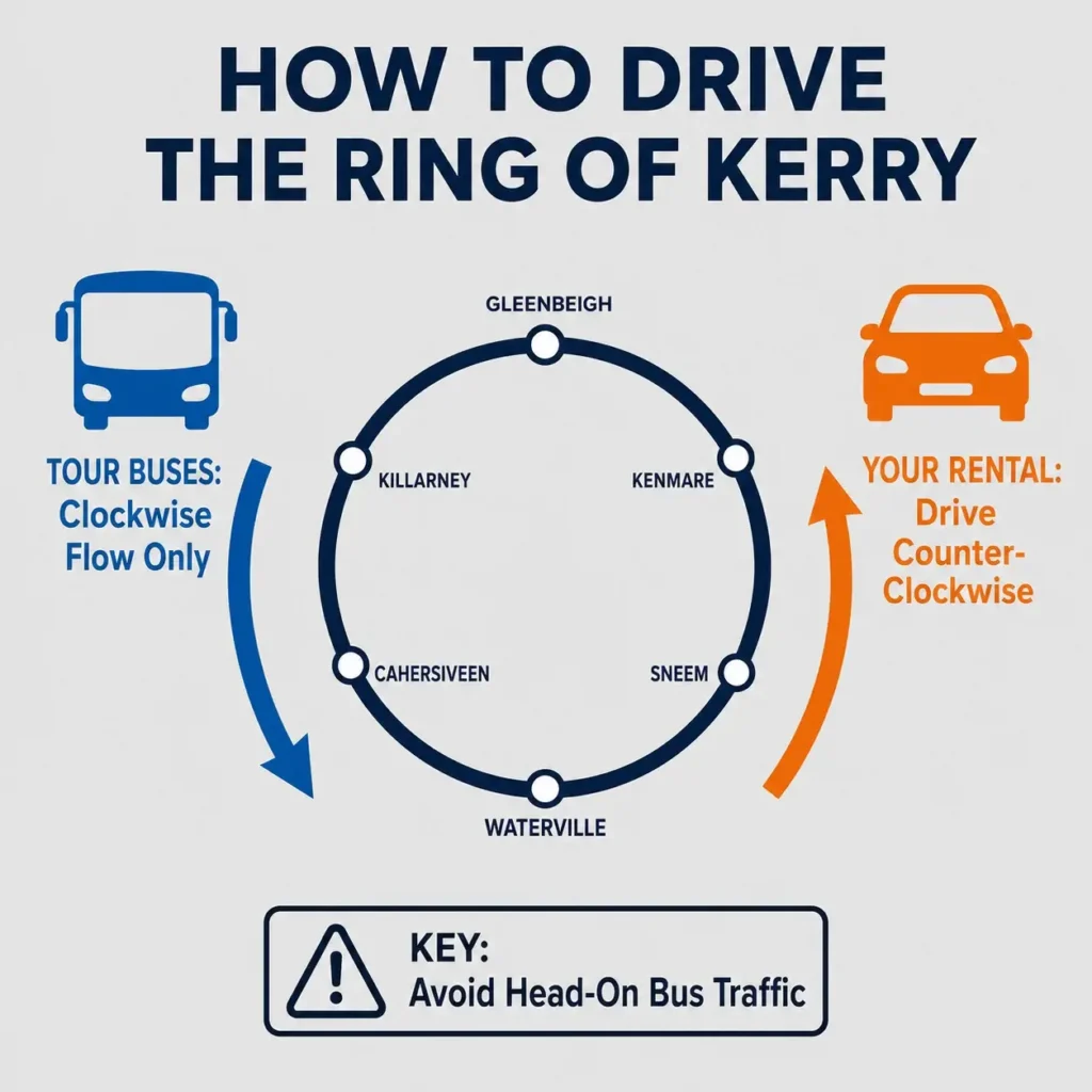 A flat vector route diagram showing the correct counter-clockwise driving direction for rental cars versus the clockwise route forced upon tour buses on the Ring of Kerry loop.