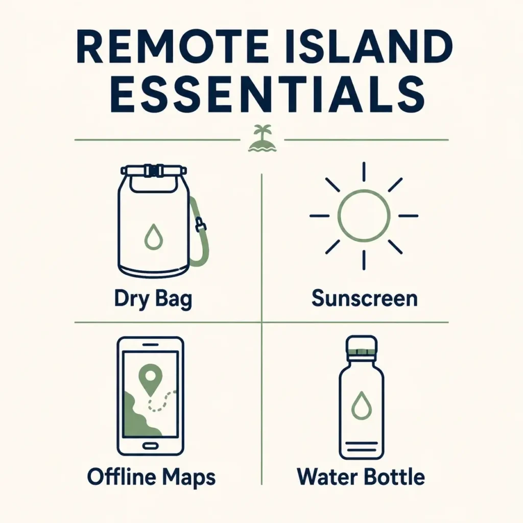 A flat design minimalist checklist graphic outlining four essential items to pack for remote Thai islands: a dry bag, sunscreen, offline maps, and a reusable water bottle.