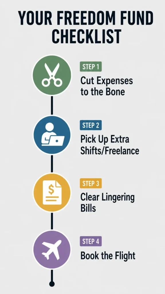 A vertical flat vector timeline infographic detailing a four-step preparation checklist to build a travel freedom fund, moving from cutting expenses to booking the flight.