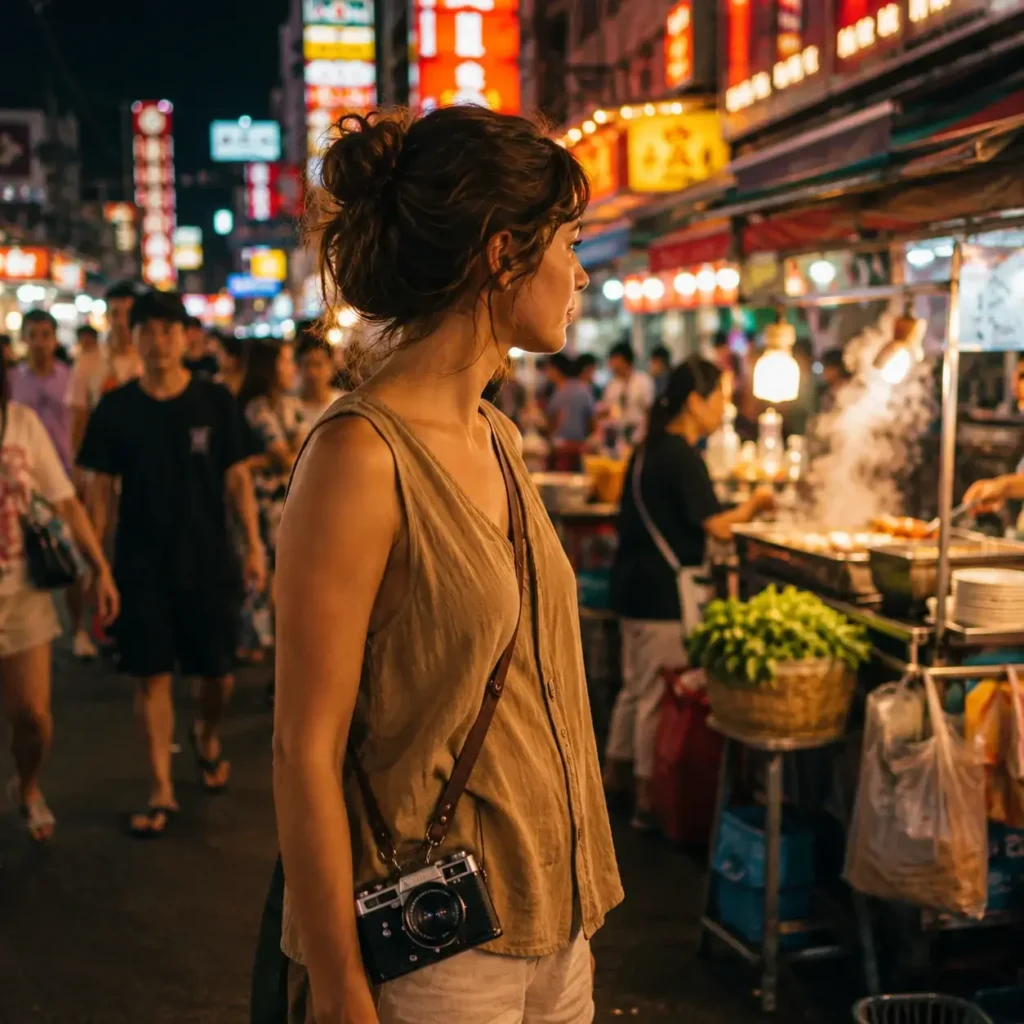 Solo traveler Emma Collins exploring a vibrant, neon-lit evening street food market in Bangkok, Thailand with her mirrorless camera.