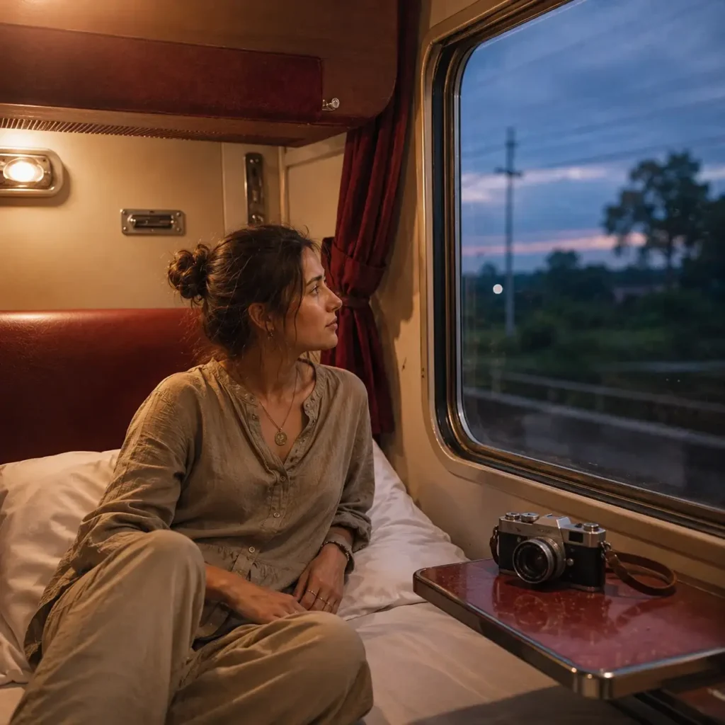 A young woman with brown hair sits in a clean second-class sleeper train cabin heading to Chiang Mai with a mirrorless camera on the side table.