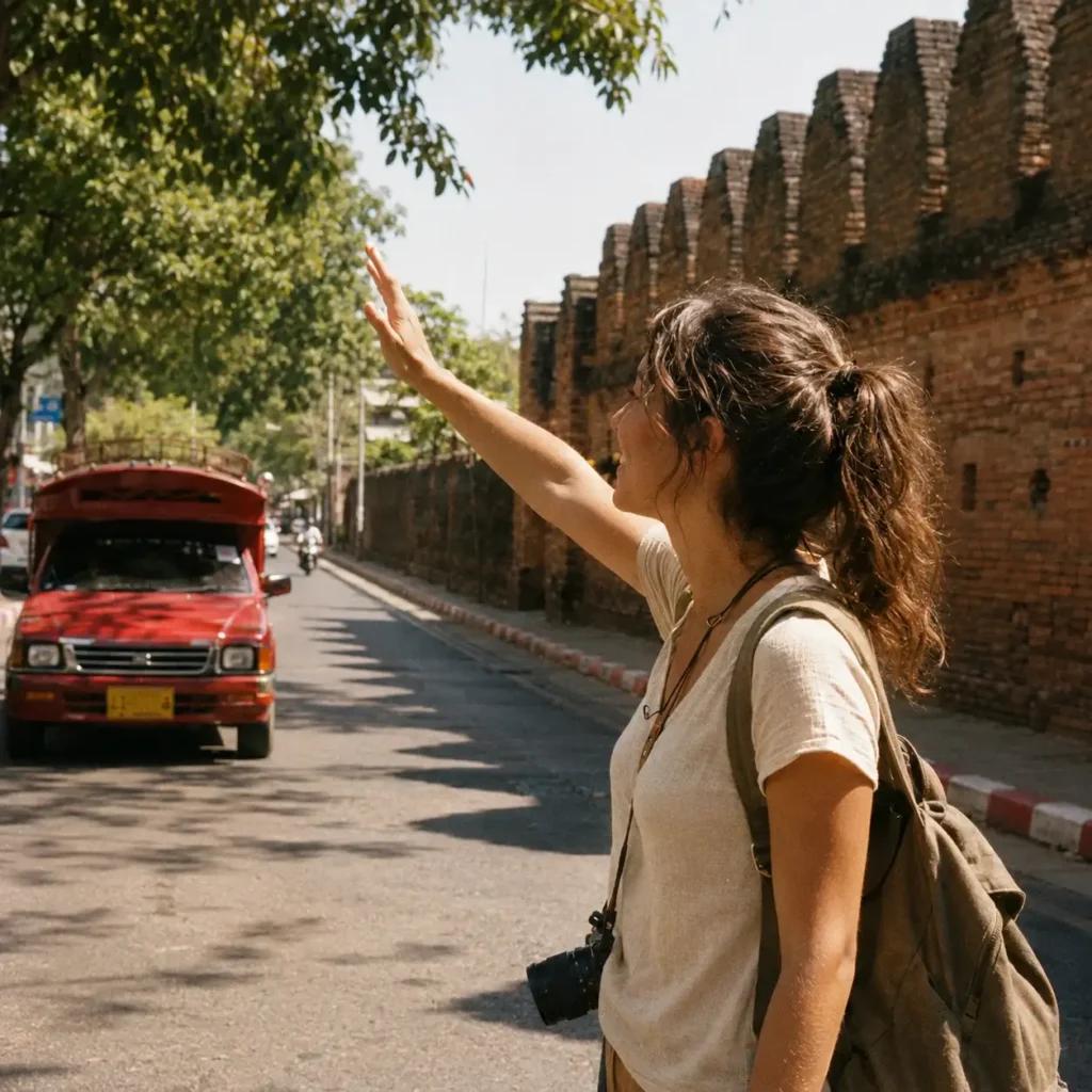 A real candid photo of Emma, a 20-something solo female traveler with brown hair, hailing a bright red songthaew truck on a street in Chiang Mai, Thailand.