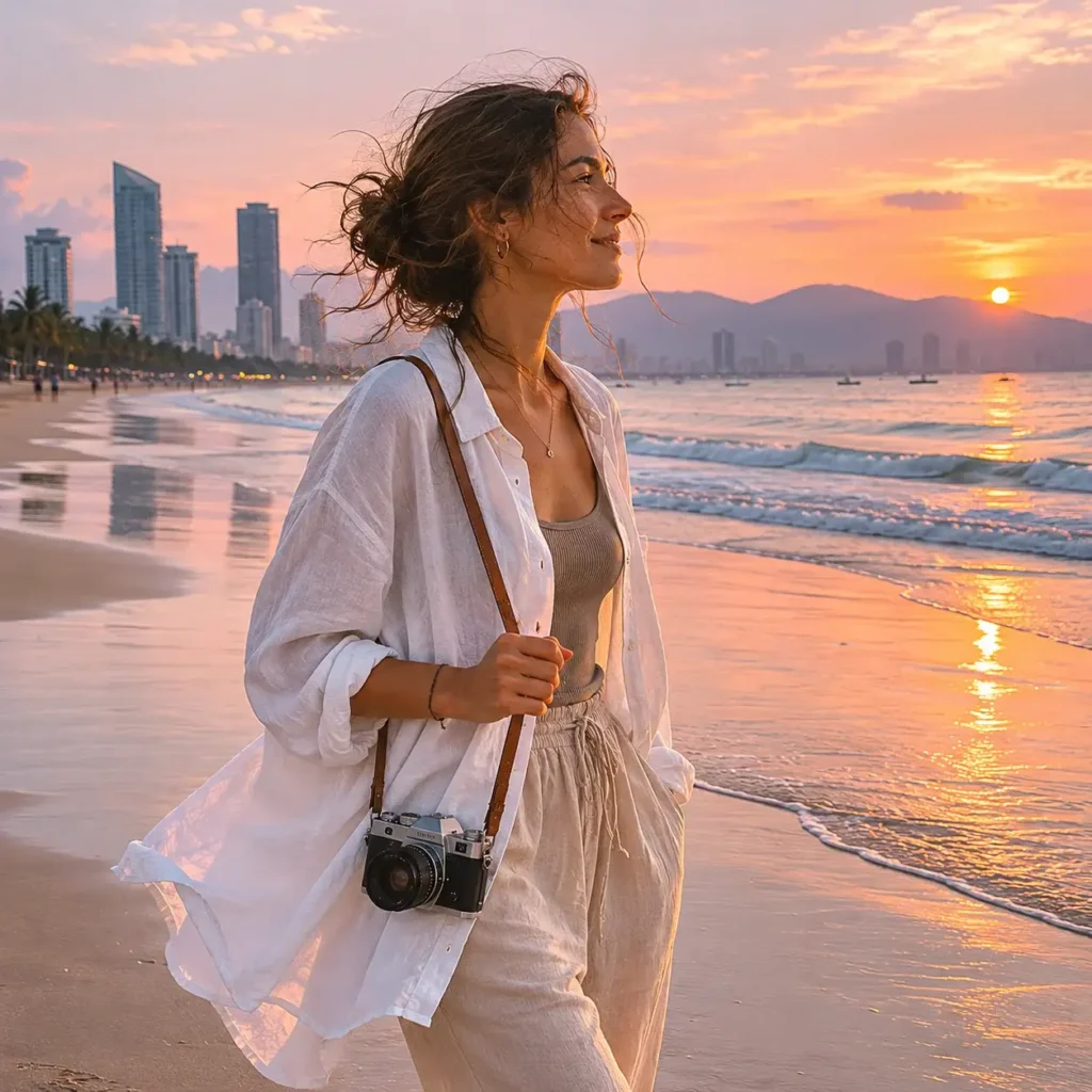 A solo female traveler with brown hair walking barefoot along the tide of My Khe Beach in Da Nang, Vietnam, during a golden sunrise.