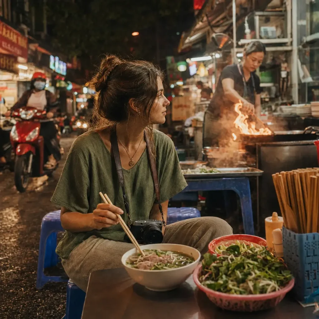 A solo traveler eating hot beef pho noodle soup while sitting on a low plastic stool on a busy sidewalk in the Hanoi Old Quarter.
