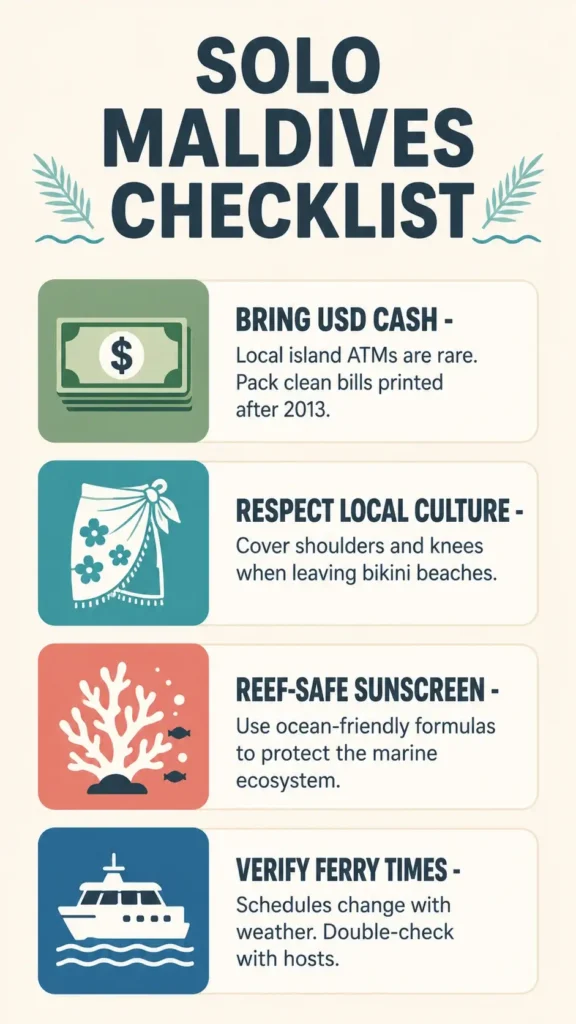 A vertical checklist infographic outlining essential budget travel tips for solo travelers in the Maldives, covering cash requirements, cultural dress codes, reef protection, and local ferry transport.