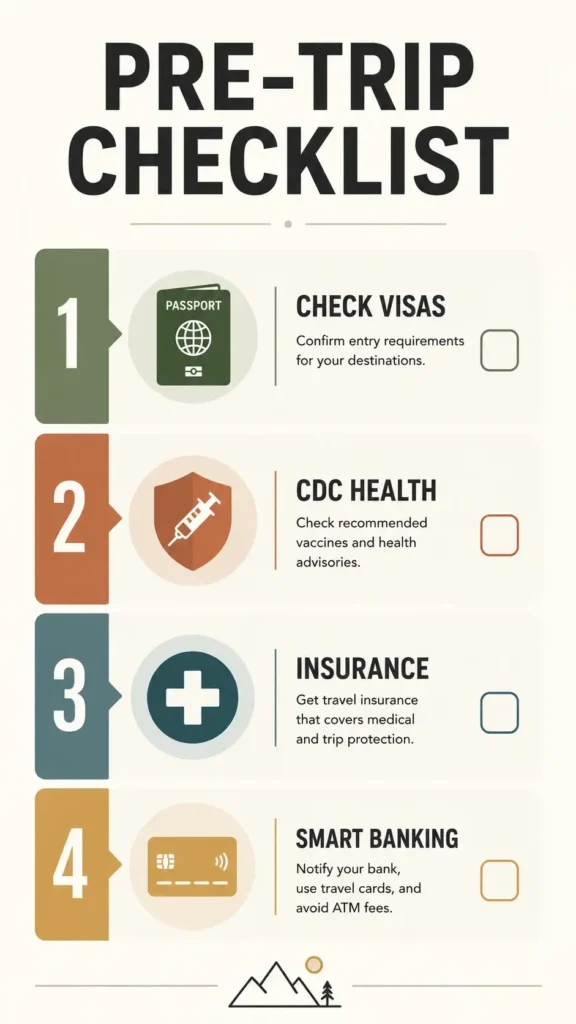 A minimalist vertical infographic checklist outlining four essential pre-trip preparation steps for solo travelers: checking visas, verifying CDC health advisories, securing travel insurance, and setting up smart banking.