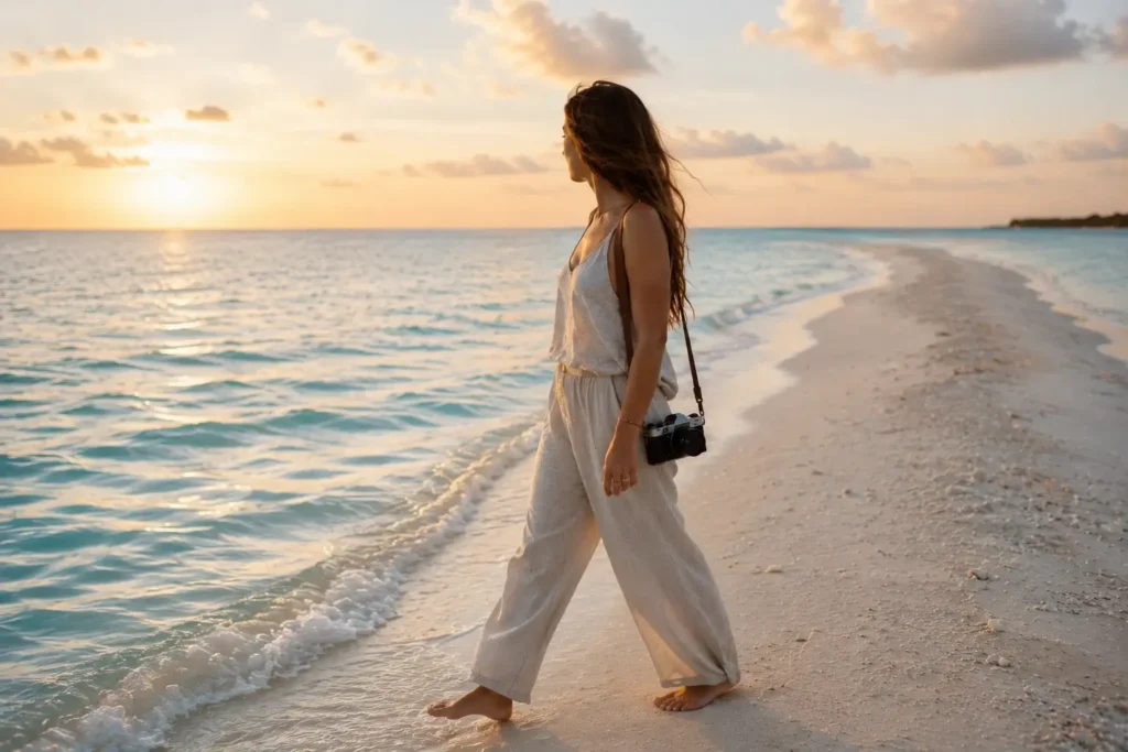 Solo female traveler Emma Collins walking barefoot on the pristine white sandspit of Dhigurah Island Maldives during golden hour sunrise.