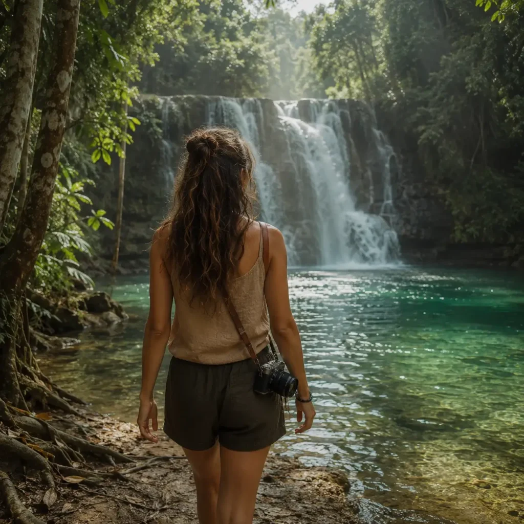 Solo traveler Emma Collins walking through lush jungle foliage toward the natural pool of Khlong Chao Waterfall on the quiet island of Koh Kood, Thailand.