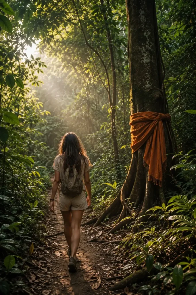 A solo female traveler with brown hair hikes past a tree marked with an orange monk robe on the Monk's Trail in the Chiang Mai jungle.