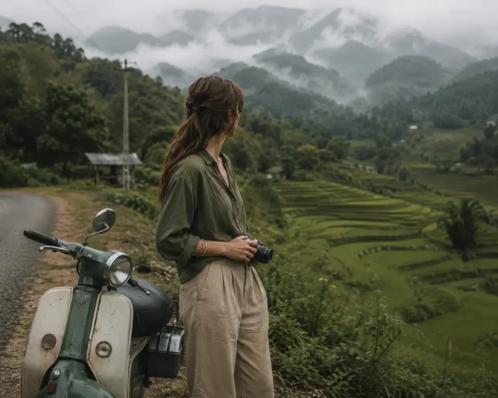 Female solo traveler standing next to a scooter overlooking lush green terraced rice fields in the rural countryside of Vietnam.