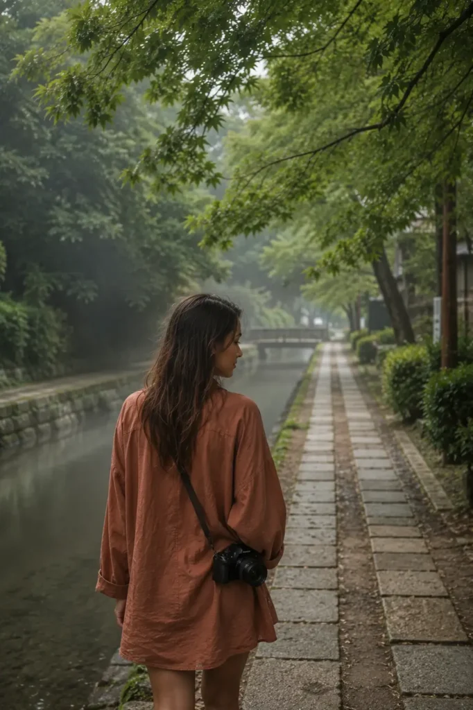 A female solo traveler walks along the historic stone path next to a canal on the Philosopher’s Path in Kyoto, Japan.