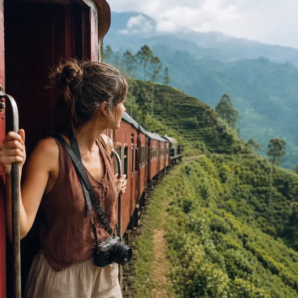  A female solo traveler with a mirrorless camera looks out from the open doorway of the vintage red train from Kandy to Ella in Sri Lanka.