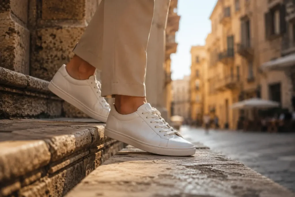 Close-up of a solo traveler wearing clean white leather walking sneakers while stepping onto historic stone streets in a European cultural capital.