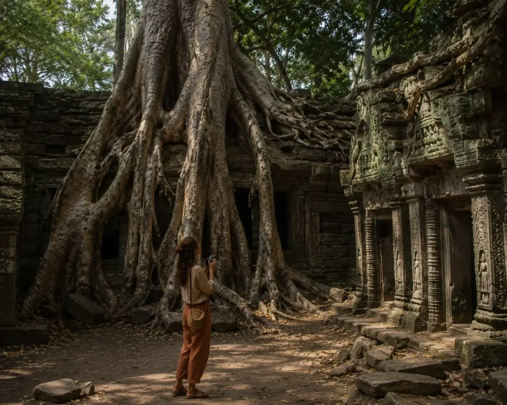 Solo traveler exploring the famous tree-root ruins of Ta Prohm temple in Siem Reap, Cambodia, part of the Angkor Archaeological Park jungle temples.