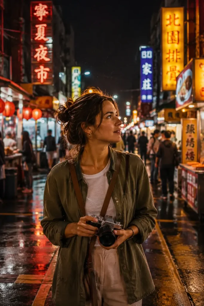 Solo female traveler with a mirrorless camera exploring a vibrant, neon-lit traditional evening night market in Taipei, Taiwan.