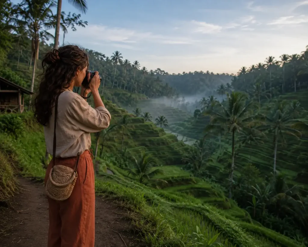 Solo female traveler photographing the iconic Tegallalang rice terraces in Ubud, Bali, at sunrise, capturing the misty green hillside landscape on a mirrorless camera.