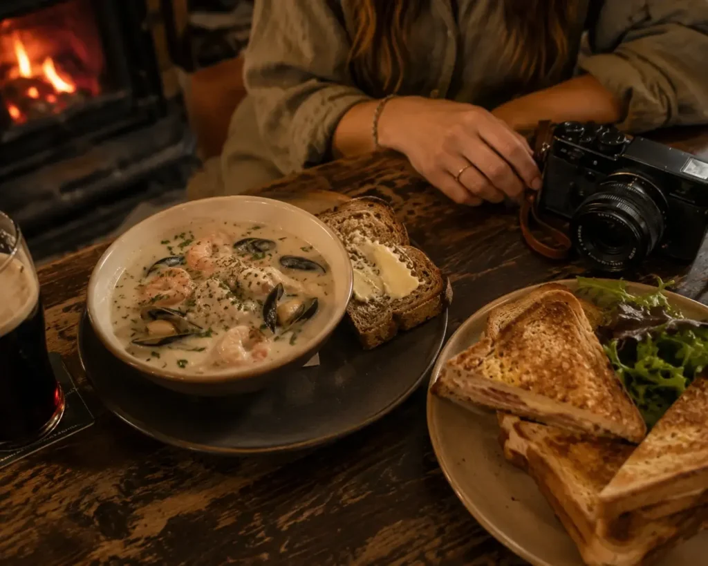 A traditional Irish pub lunch of seafood chowder, brown soda bread, and a toasted sandwich on a wooden table during a road trip stop in Ireland.