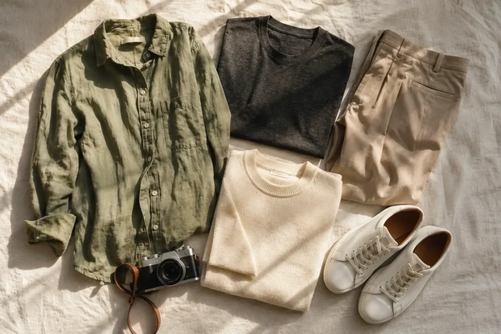 An overhead flat-lay of a minimalist travel capsule wardrobe featuring neutral-colored linen apparel, white sneakers, and a mirrorless camera on a bed, illustrating how to pack light and still look stylish.