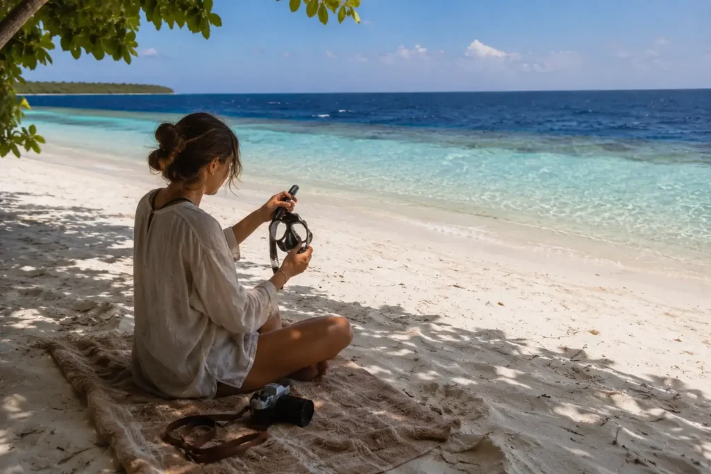 Solo traveler preparing to snorkel at the clean eco-friendly bikini beach house reef on Ukulhas Island Maldives.