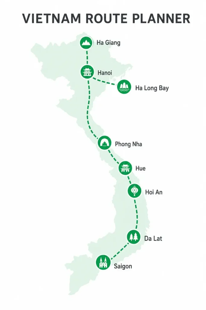 A minimalist vector infographic map illustrating a travel route planner through Vietnam, marking key destination stops from Hanoi down to Ho Chi Minh City.