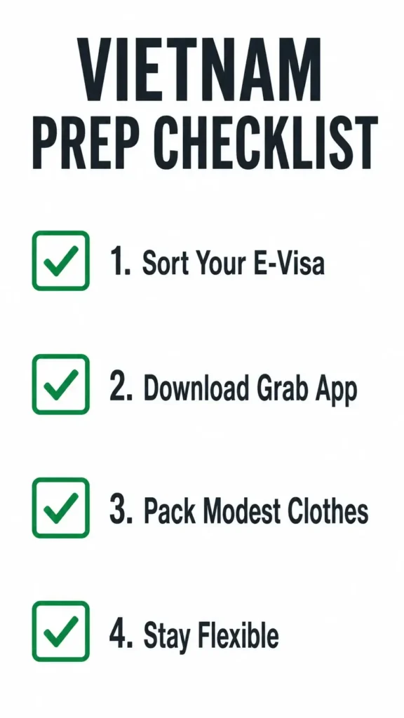 A minimalist vector checklist infographic detailing four simple preparation steps for solo travelers planning a trip to Vietnam.
