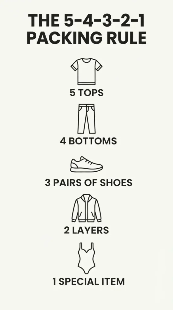 A clean minimalist vertical checklist infographic illustrating the 5-4-3-2-1 travel packing rule with flat icons for 5 tops, 4 bottoms, 3 shoes, 2 layers, and 1 special item.
