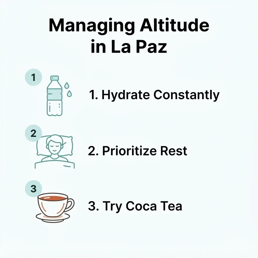 A clear, vertical checklist infographic summarizing the 6-day La Paz itinerary, highlighting key activities for each day from acclimatization to reflection.