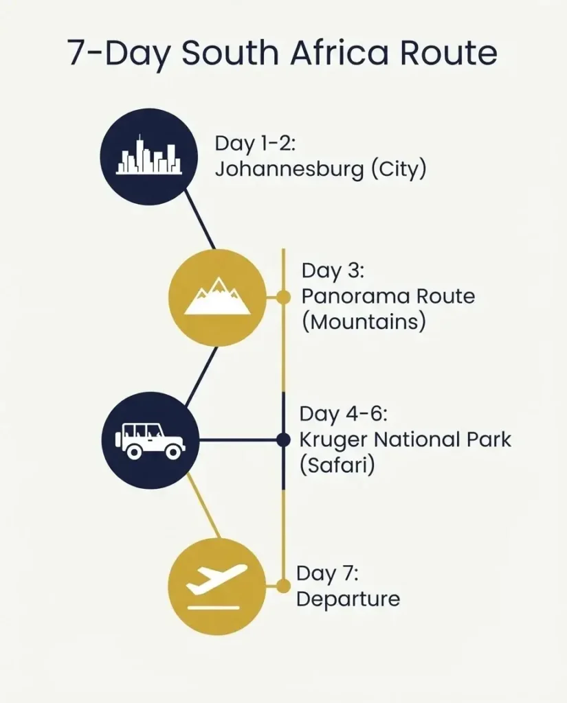 A minimalist vector roadmap infographic visualizing the 7-day travel route from Johannesburg to the Panorama Route and Kruger National Park.