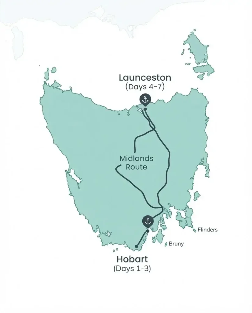 A stylized route map of a 7-day Tasmanian itinerary highlighting Hobart, Launceston, and the Tamar Valley with simple icons for city and coastal areas.
