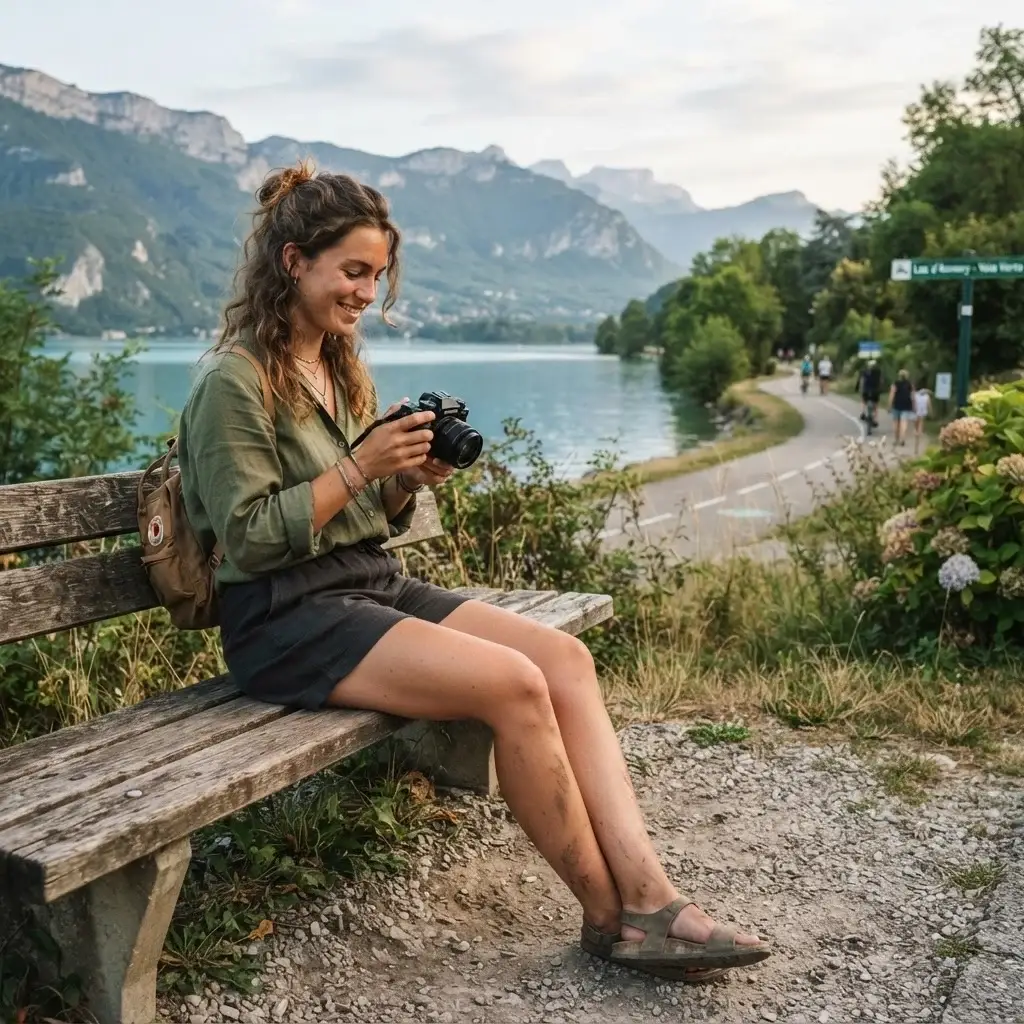 Solo traveler Emma Collins taking a break on a scenic bike path next to the crystal-clear waters of Lake Annecy, France, with the Alps in the background.