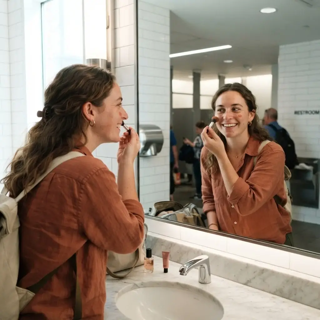 Emma Collins smiling gently in an airport bathroom mirror while applying a natural cream cheek tint after landing.