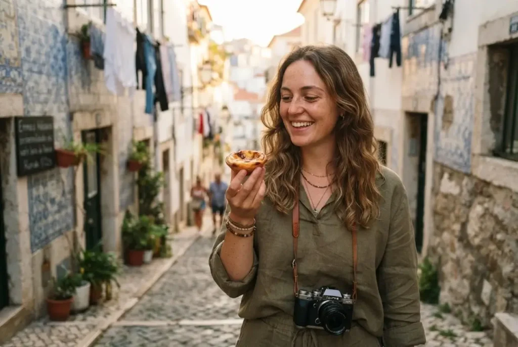 Warm pastel de nata custard tart with cinnamon in a tiled alley of the Alfama neighborhood, Lisbon, Portugal