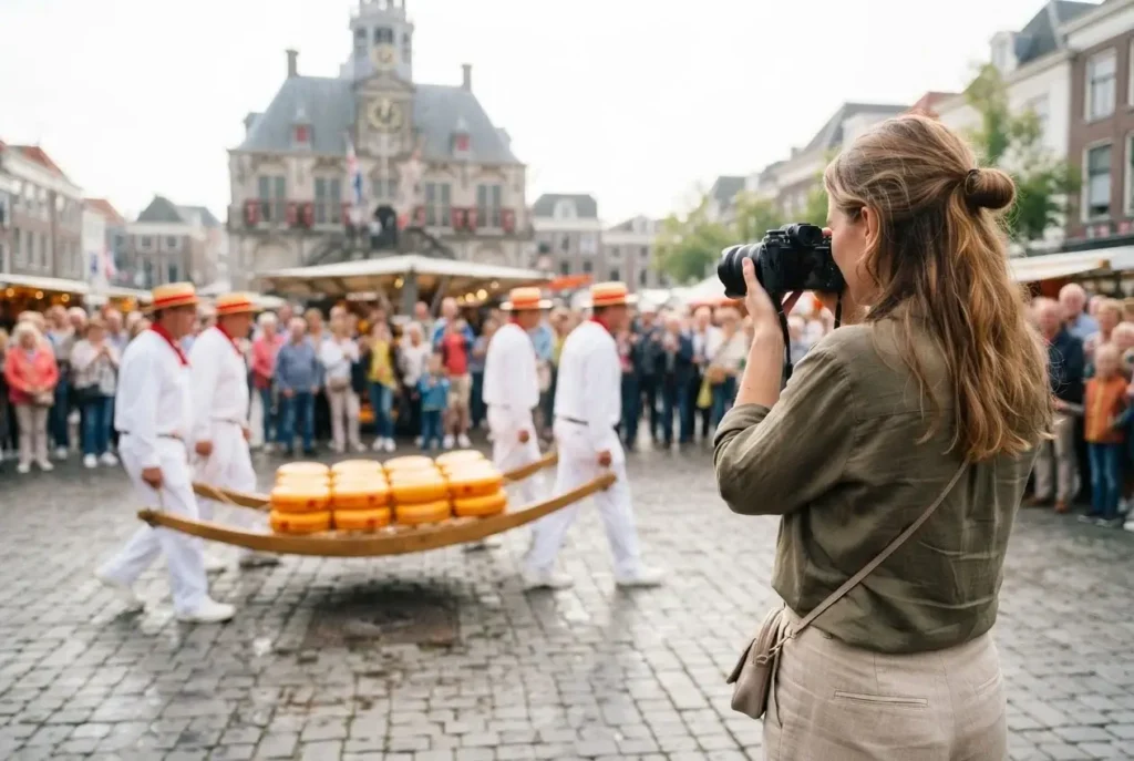 Cheese porters in white outfits carrying stacked yellow cheese wheels on wooden sledges at the Alkmaar cheese market in the Netherlands