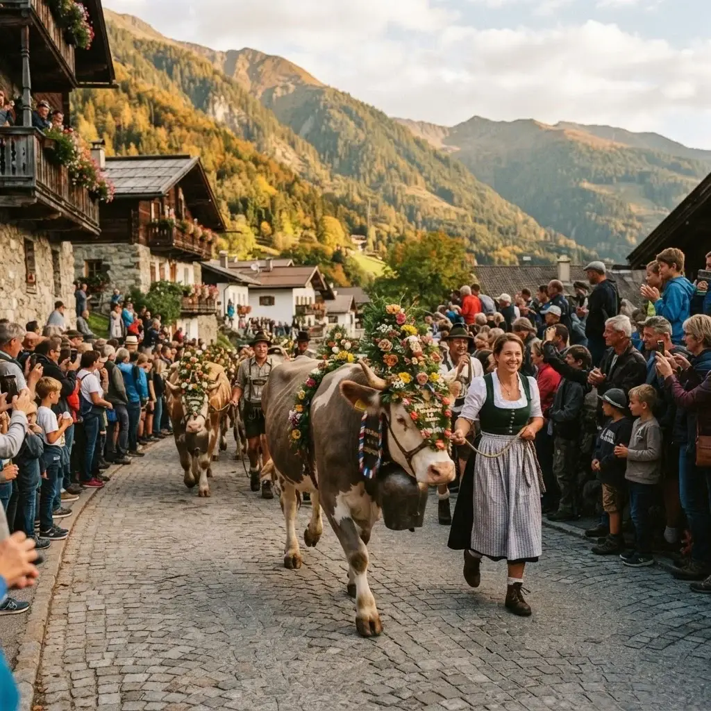 Decorated cattle with flowers and bells during an autumn transhumance cattle descent in an Alpine valley