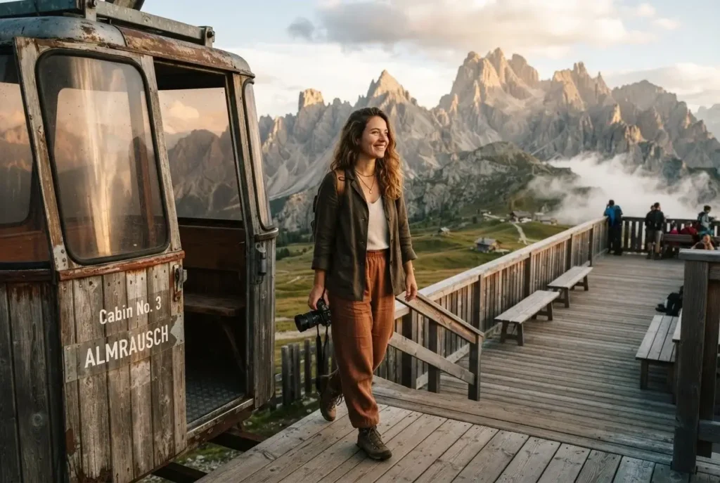 Solo traveler arriving by cable car at a car-free eco mountain resort overlooking the Dolomites, South Tyrol, Italy