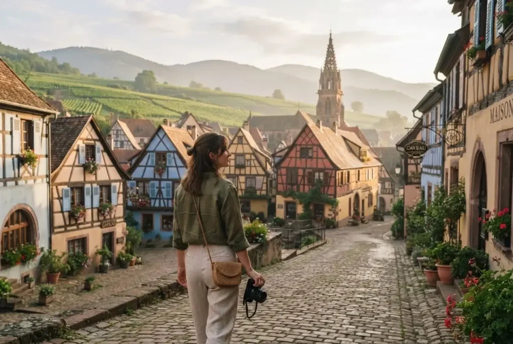 Storybook half-timbered village surrounded by vineyards along the Alsace Wine Route in eastern France at golden hour