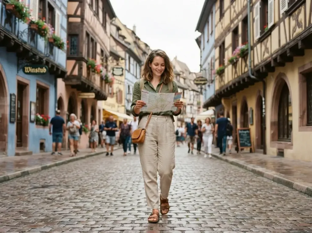 Emma Collins walking through the colorful, timber-framed village of Colmar in the Alsace region of France, examining a vintage travel map.