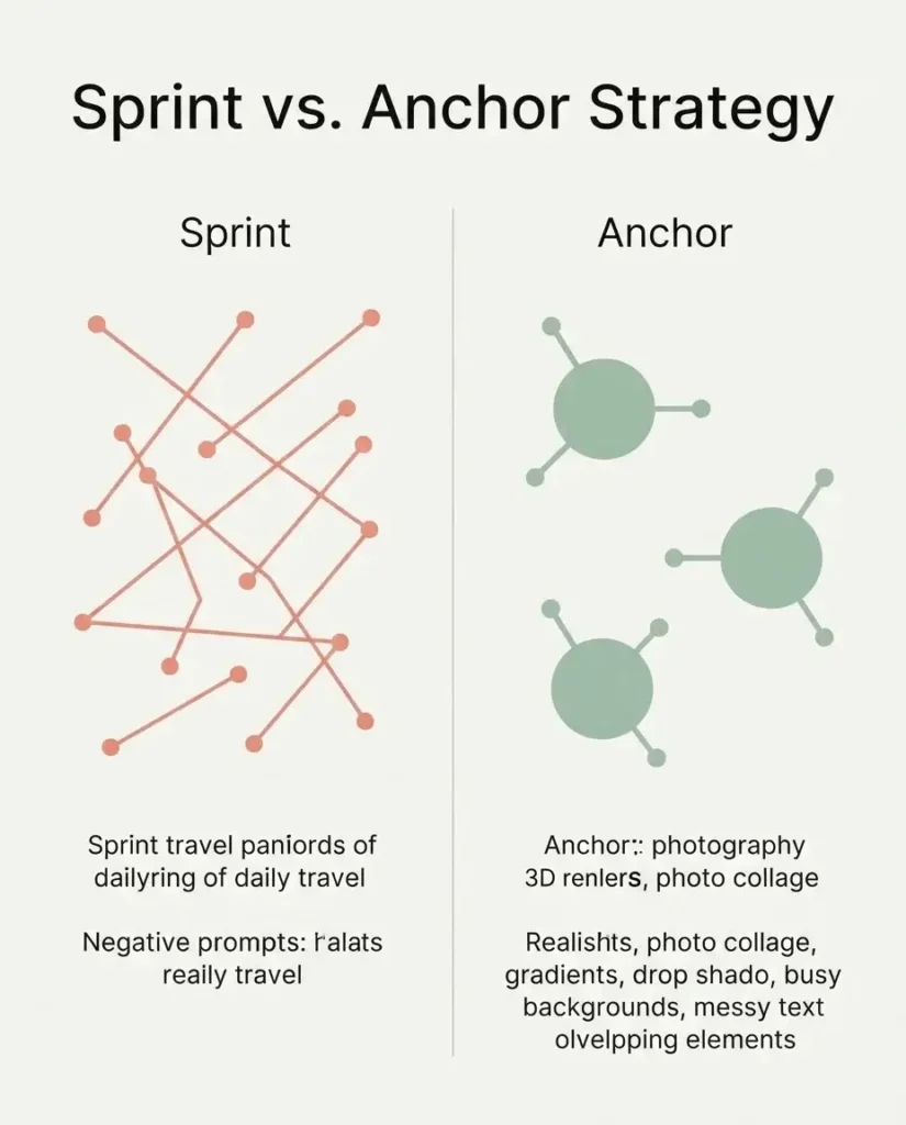 A comparison graphic showing a "Sprint" itinerary with constant moving between 15 cities versus an "Anchor" itinerary with 3 central hubs, illustrating time spent in transit versus time spent exploring.